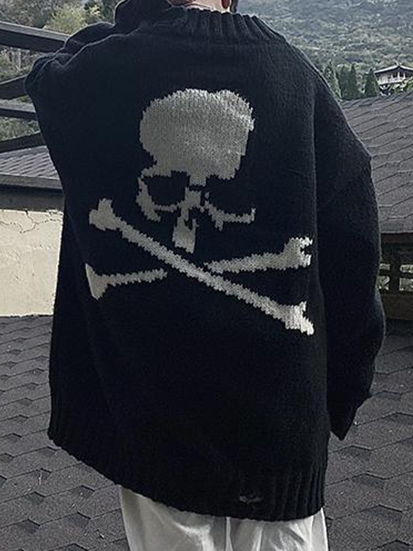 Suéter suelto con dobladillo andrajoso y calavera para hombre-2