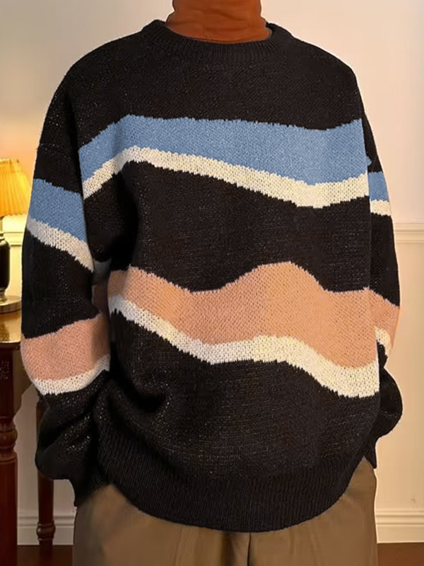 Suéter holgado de jacquard de color en contraste para hombre-1