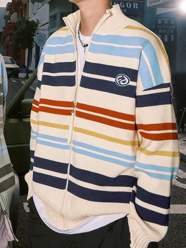 Chaqueta de punto extragrande con rayas de colores para hombre-2