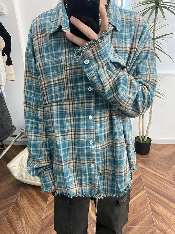 Blusa de manga larga con diseño de borlas a cuadros vintage para hombre-1