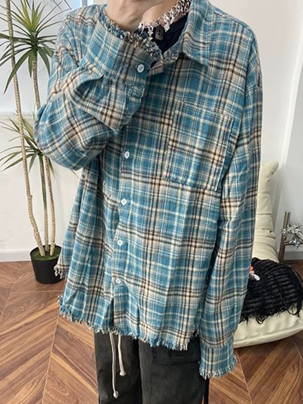 Blusa de manga larga con diseño de borlas a cuadros vintage para hombre-2