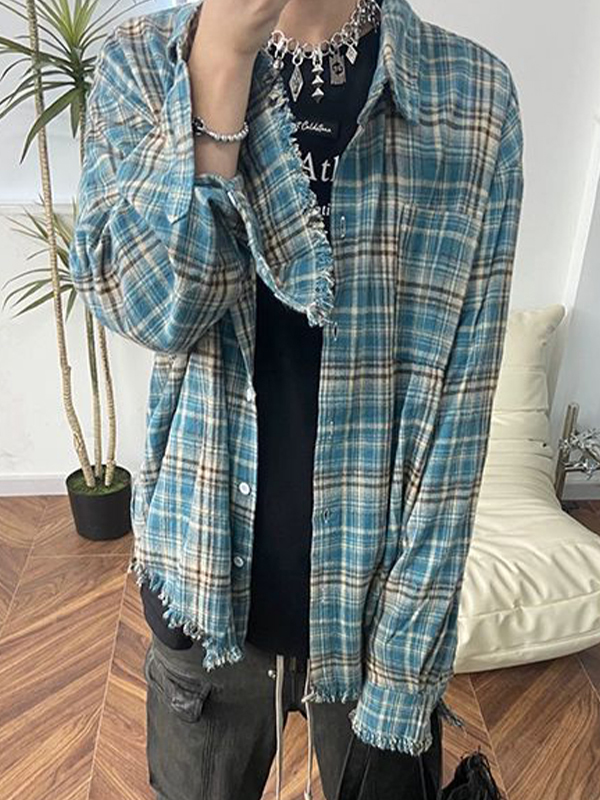 Blusa de manga larga con diseño de borlas a cuadros vintage para hombre-3