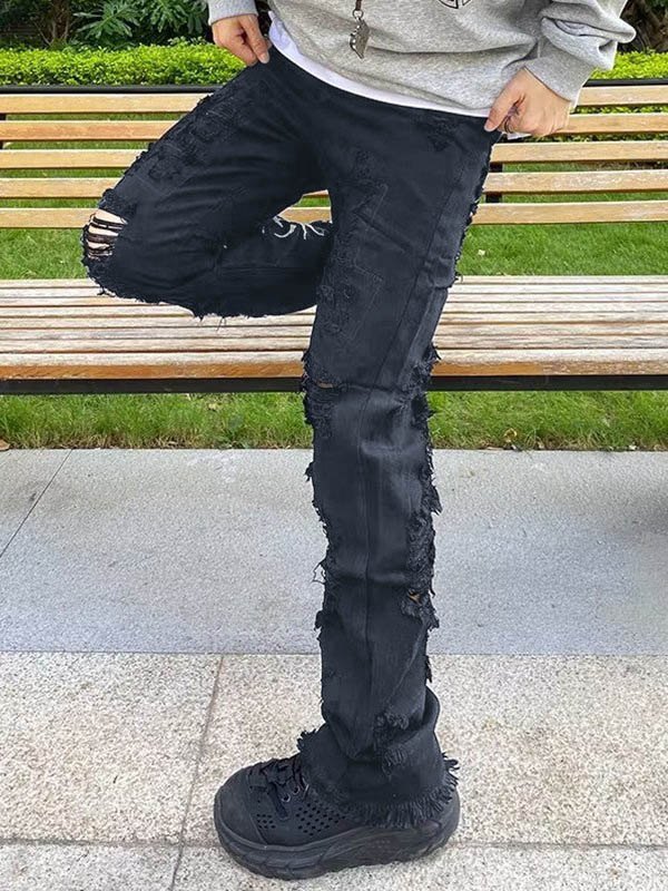 Jeans rectos desgastados bordados en la espalda para hombre-1