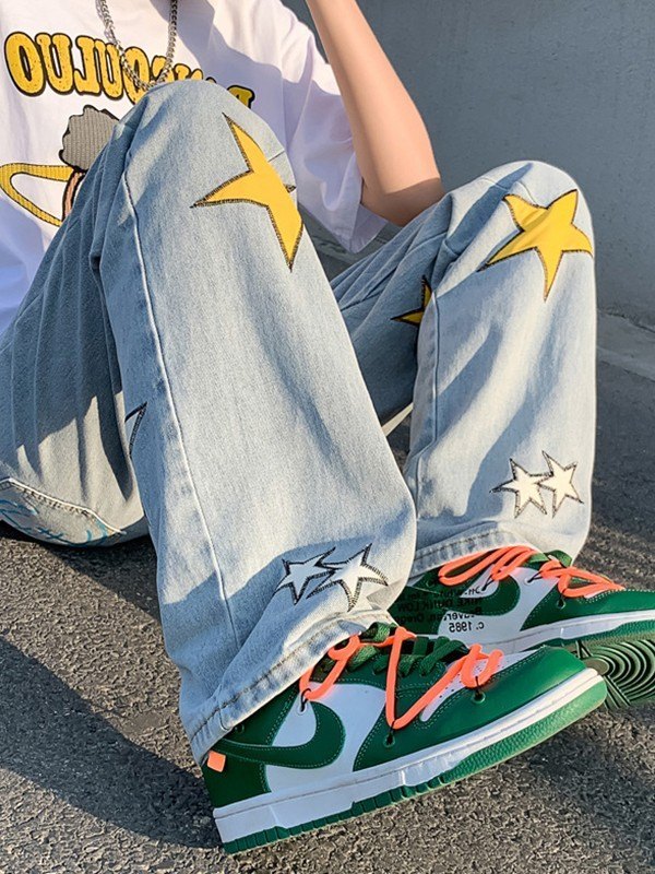 Jeans sueltos con estampado de estrellas y parches para hombre-2