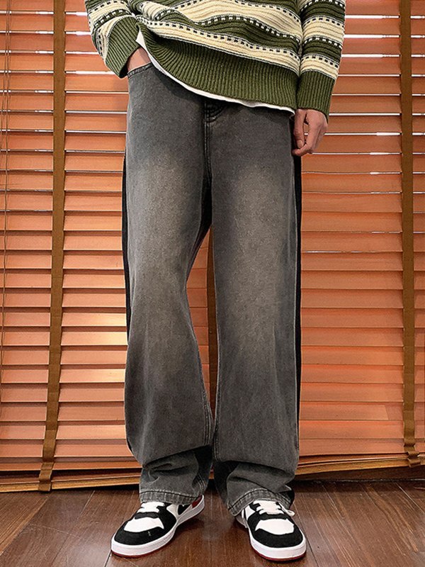 Jeans rectos vintage con ribete en contraste para hombre-3