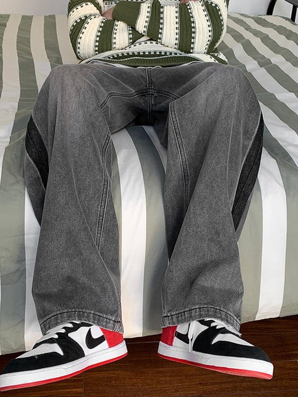 Jeans rectos vintage con ribete en contraste para hombre-2
