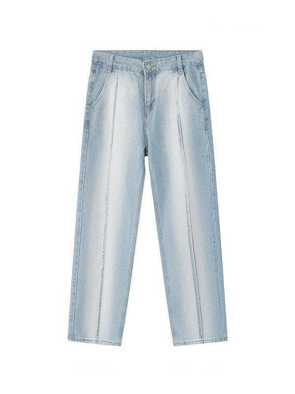 Jeans rectos de mezclilla desgastada con costuras para hombre-4