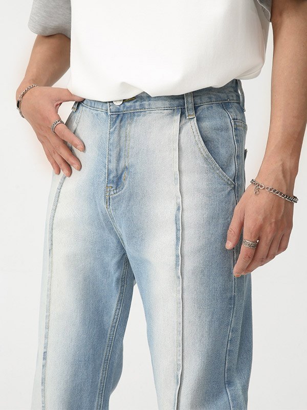 Jeans rectos de mezclilla desgastada con costuras para hombre-1