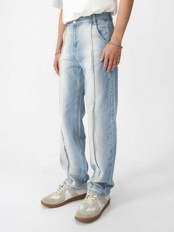 Jeans rectos de mezclilla desgastada con costuras para hombre-2