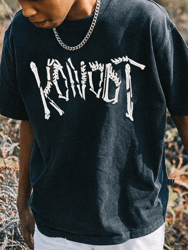 Camiseta extragrande de manga corta con estampado de calaveras viejas lavadas para hombre-1