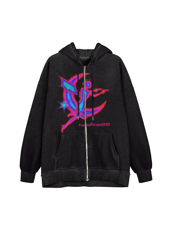 Sudadera con capucha extragrande con cremallera y estampado gráfico vintage-1