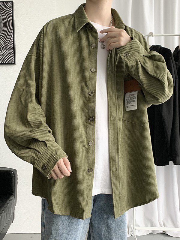 Camisa de manga larga de pana con detalle de parche para hombre-2