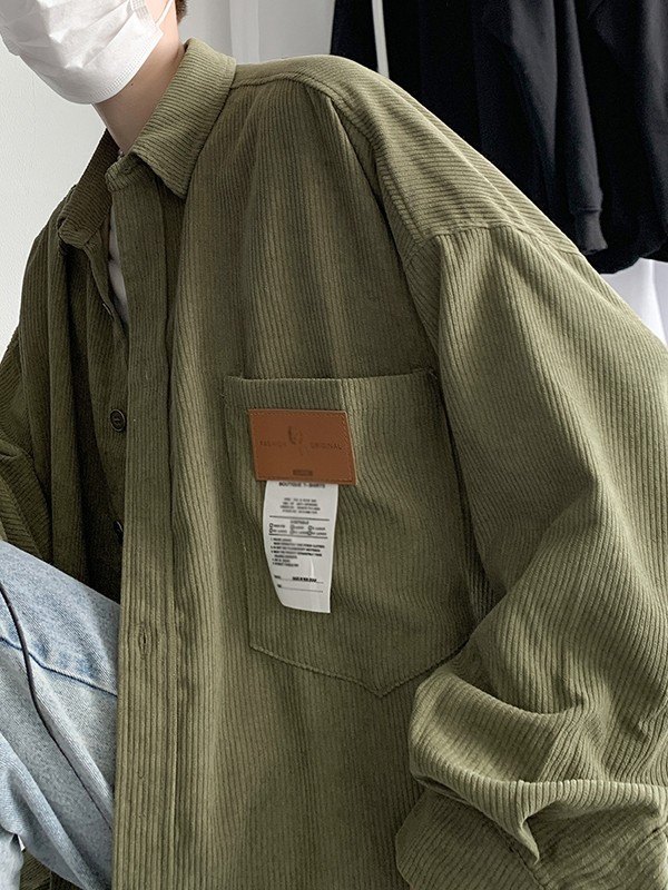 Camisa de manga larga de pana con detalle de parche para hombre-3