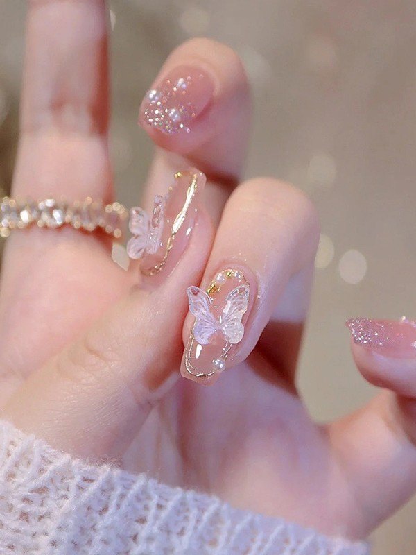 24 piezas de prensa de mariposa rosa brillante en las uñas-2