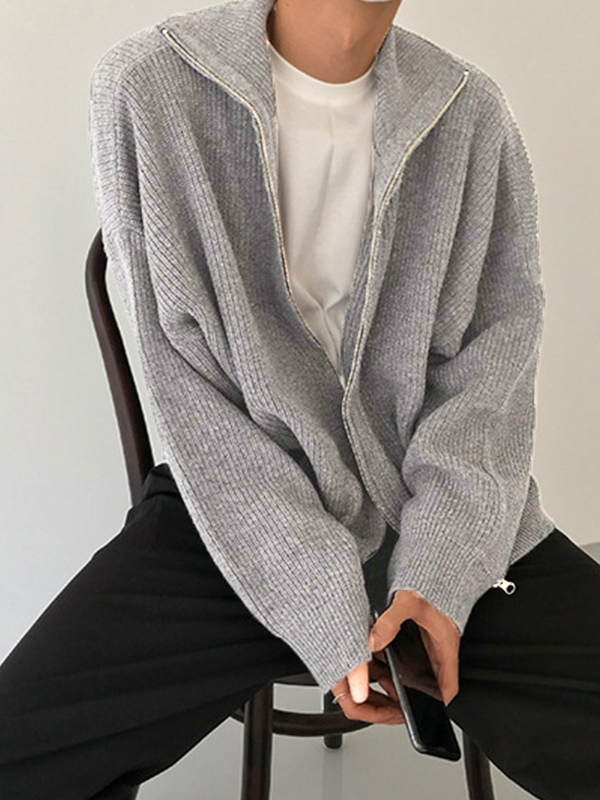 Suéter tipo cárdigan con cremallera de color liso para hombre-2