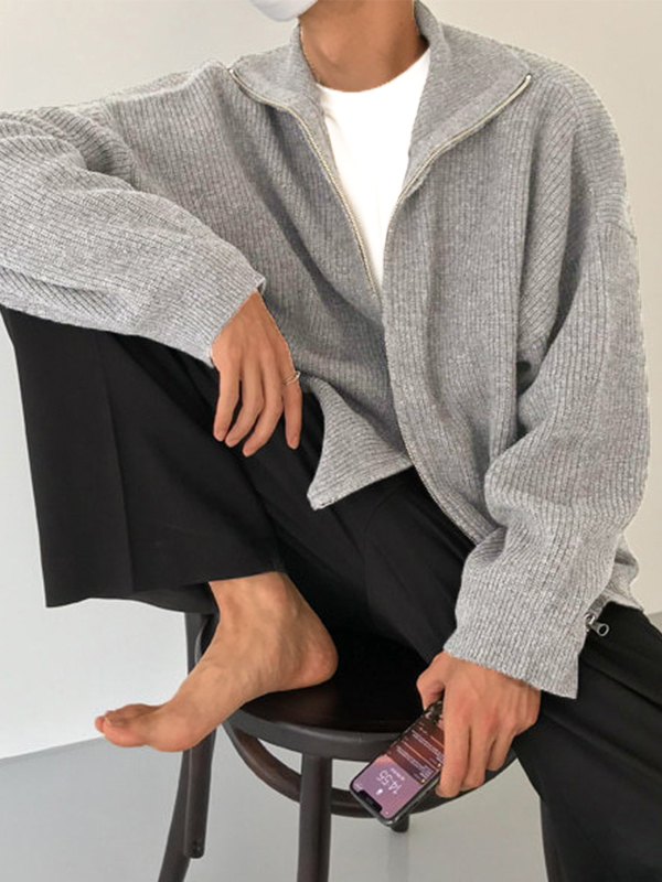 Suéter tipo cárdigan con cremallera de color liso para hombre-4